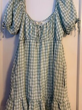 Thirty/Thirty Green & White Gingham Puff Sleeve Midi Dress Cottagecore Farm U1